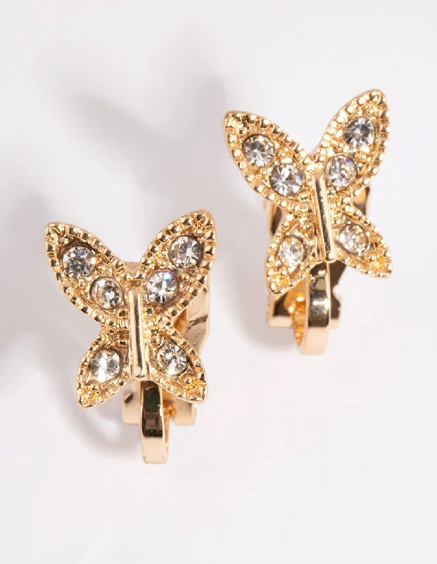 Clear Crystal Earrings-Gold Diamante Butterfly Clip-On Earrings