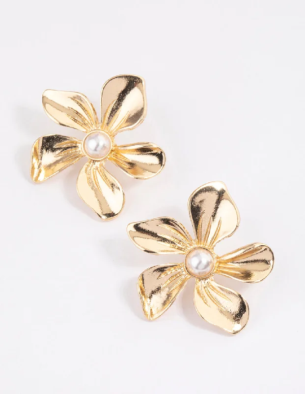 Long Chain Earrings-Gold Large Basic Flower Stud Earrings