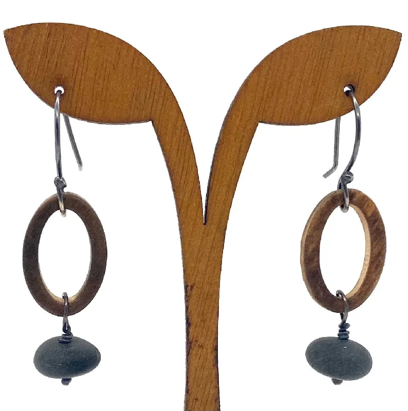 Elegant Swarovski Earrings-Burned Wood Oval Ring & Rock Earrings