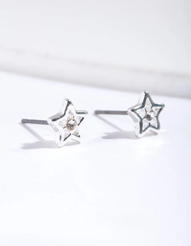 Glamour Diamond Earrings-Silver Diamante Star Stud Earrings