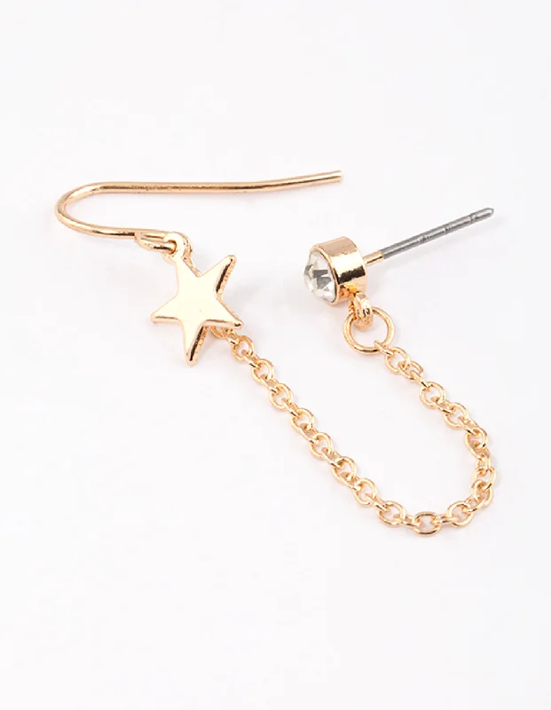 Triangular Earrings-Gold Star & Diamanate Chain Stud Earrings