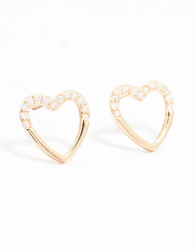 Trendy Ear Hoops-Rose Gold Plated Sterling Silver Pave Set Cubic Zirconia Heart Stud Earrings