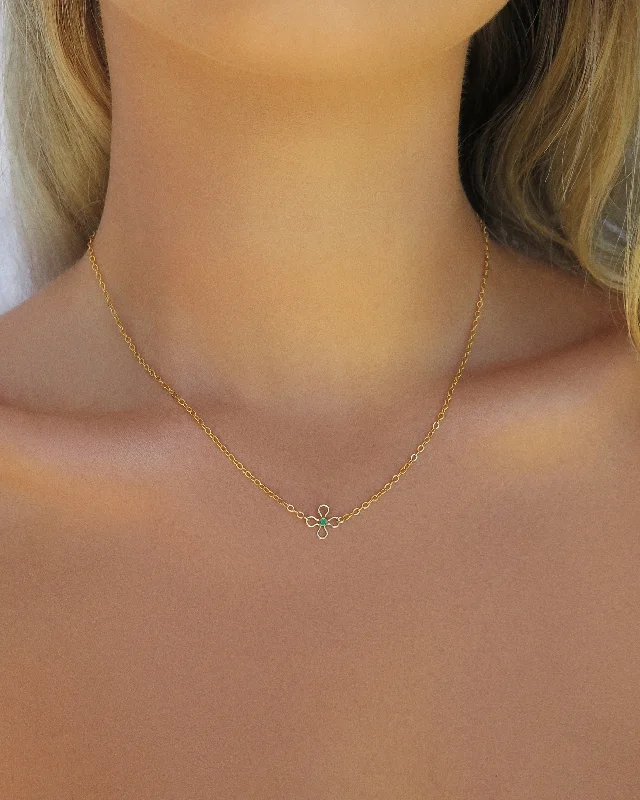 Minimalist Silver Necklace for Women-Emerald CZ Flower Necklace  - 14k Yellow Gold Fill