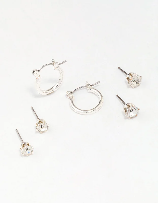 Dainty Pearl Earrings-Silver Diamante Stud & Hoop Earring 3-Pack