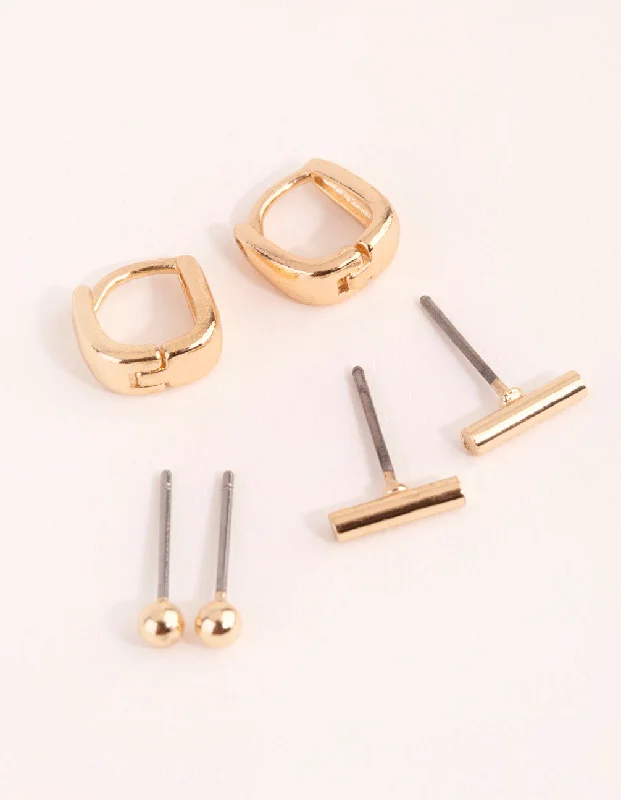 Luxury Designer Earrings-Gold Geometric Stud & Huggie Earring Pack