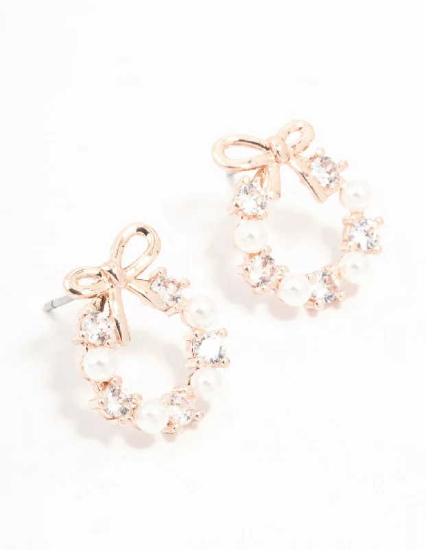 Long Silver Earrings-Rose Gold Plated Alternating Cubic Zirconia & Freshwater Pearl Bow Stud Earrings