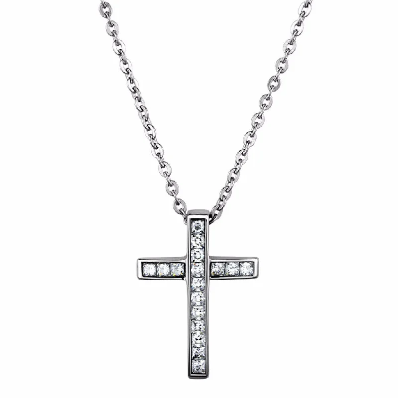 White Gold Necklace-Love of God Womens Stainless Steel Cross Pendant Necklace with Clear CZs