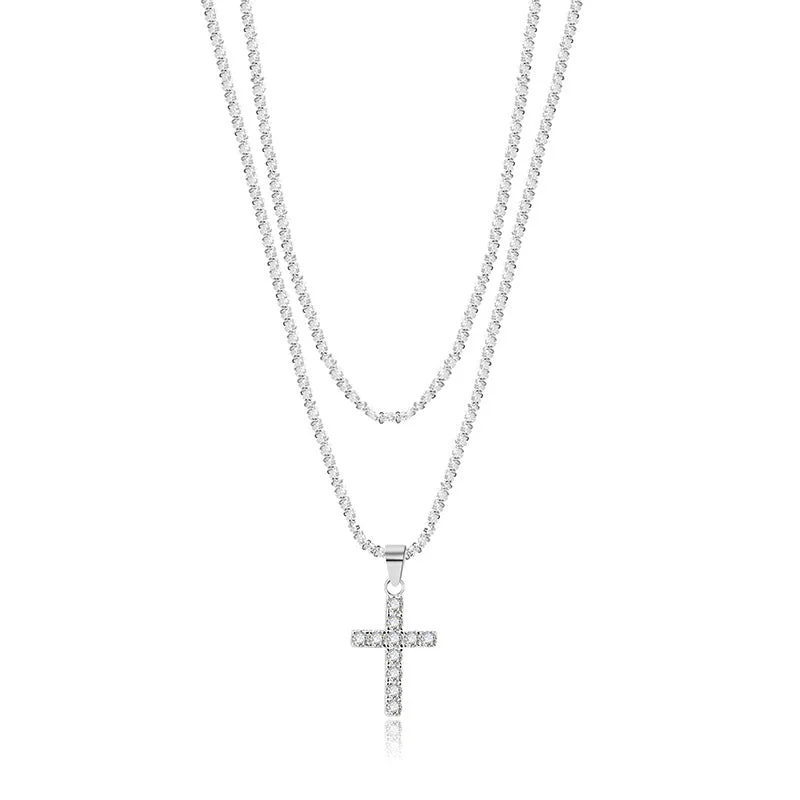 Romantic Pendant Necklace-Double Chain Cross Necklace 925 Sterling Silver