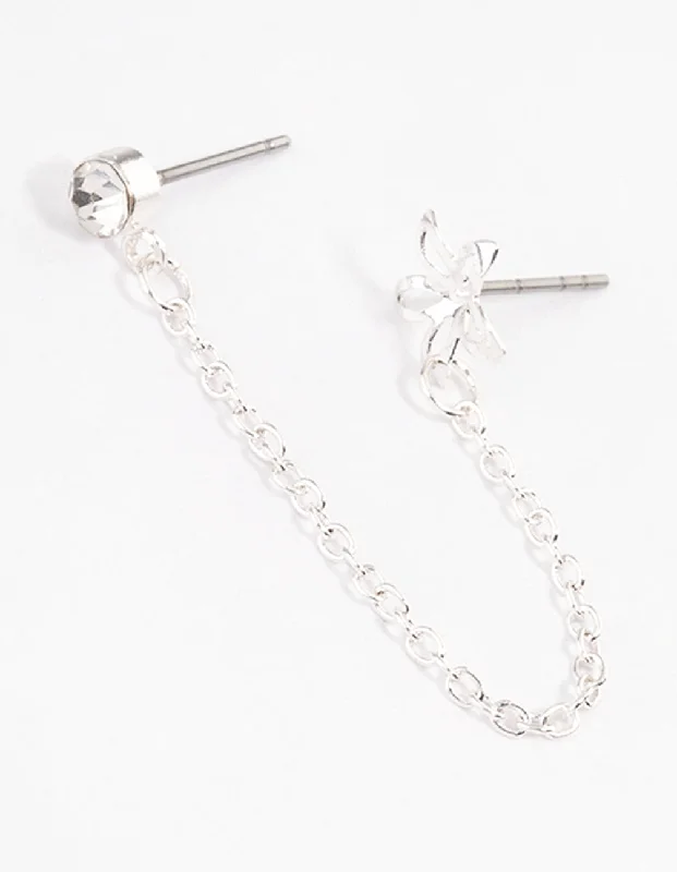 Glittery Hoop Earrings-Silver Diamante & Flower Chain Earrings