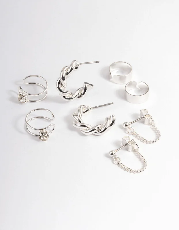 Shiny Drop Earrings-Silver Croissant Hoop Earrings 4-Pack