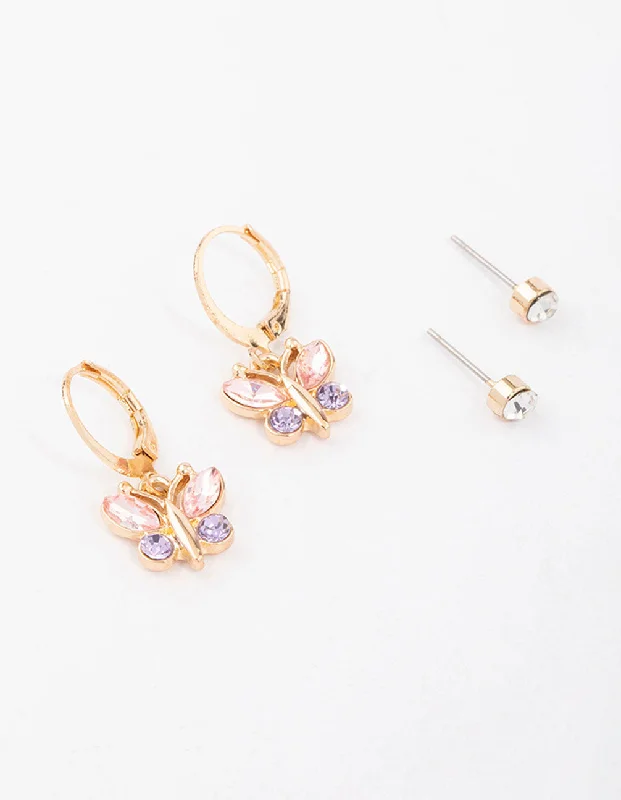 Party Drop Earrings-Gold Diamante Butterfly Stud Earring Pack